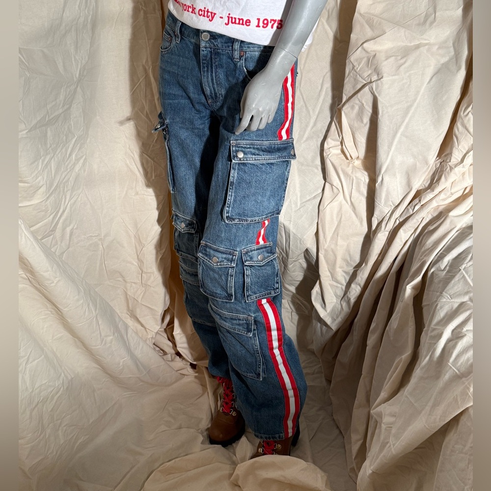 Alice + Olivia Relaxed Blue Jeans with Red Accents